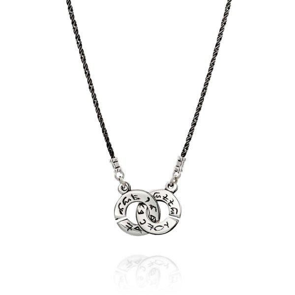A silver necklace whose pendant consists of two flat circles with an engraving on which they are combined with each other. The necklace is also made of silver with a rope look
